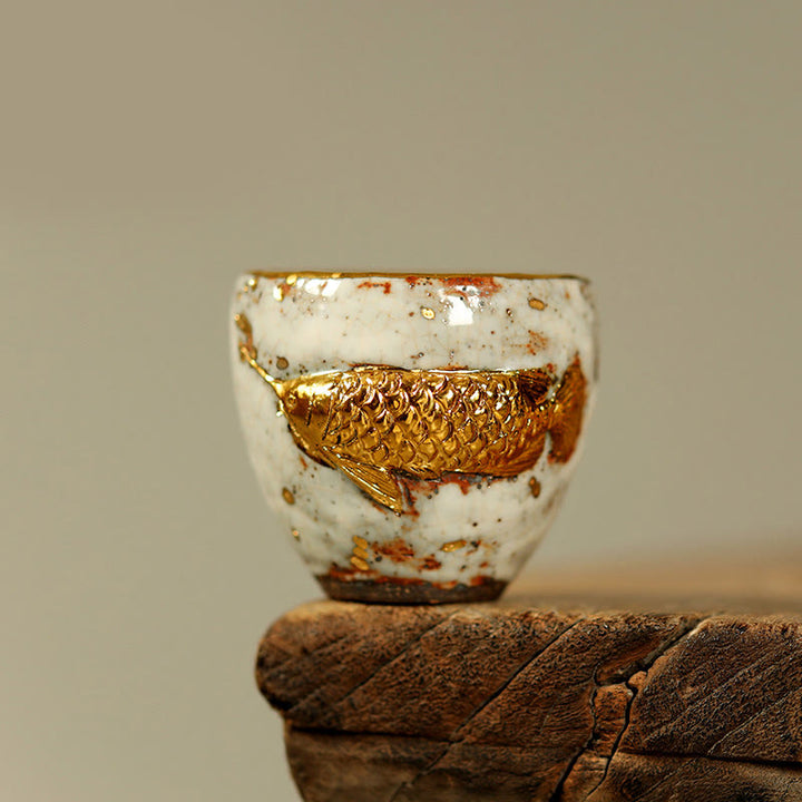 Buddha Stones Handgefertigte Teetasse aus Keramik mit goldenem Arowana-Koi-Fischmotiv, Kung-Fu-Teetasse/Teekanne - Tasse 6,5 cm * 6,1 cm * 100 ml - image 0