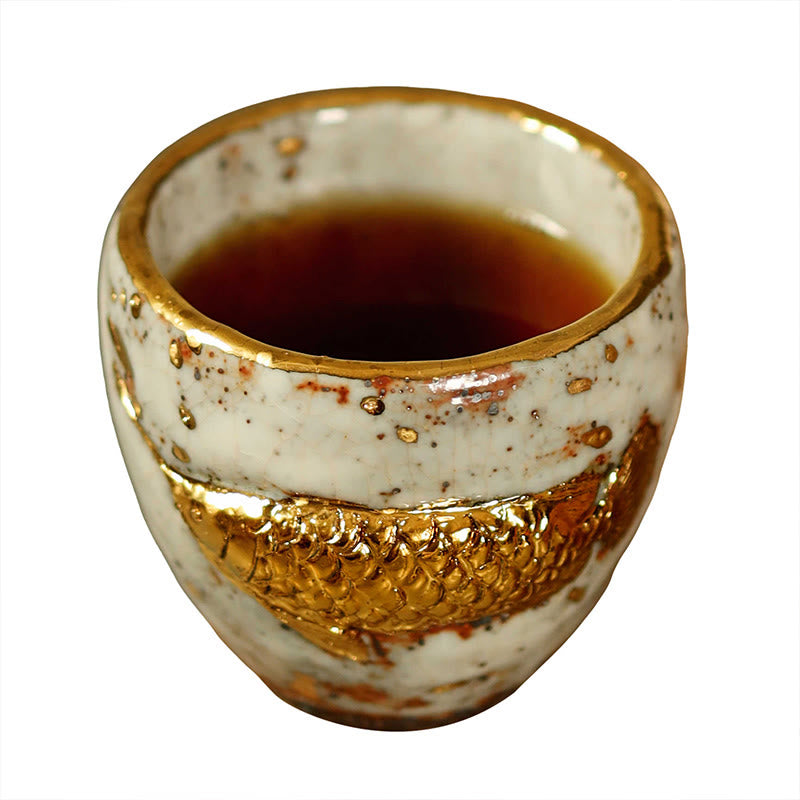 Buddha Stones Handgefertigte Teetasse aus Keramik mit goldenem Arowana-Koi-Fischmotiv, Kung-Fu-Teetasse/Teekanne - image 9