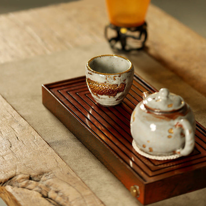 Buddha Stones Handgefertigte Teetasse aus Keramik mit goldenem Arowana-Koi-Fischmotiv, Kung-Fu-Teetasse/Teekanne - image 11