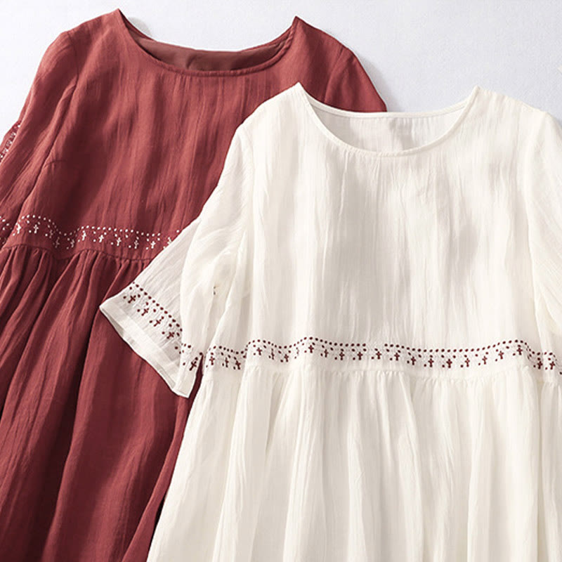 Buddha Stones, einfarbiges, besticktes, kurzärmeliges Baumwoll-Midikleid - image 27