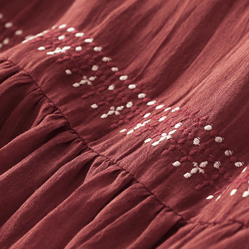 Buddha Stones, einfarbiges, besticktes, kurzärmeliges Midikleid mit Taschen - image 24