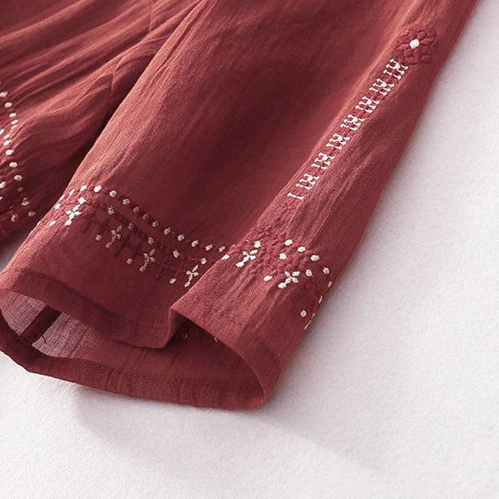 Buddha Stones, einfarbiges, besticktes, kurzärmeliges Midikleid mit Taschen - image 18