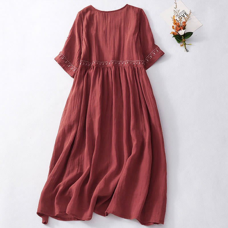 Buddha Stones, einfarbiges, besticktes, kurzärmeliges Midikleid mit Taschen - image 17
