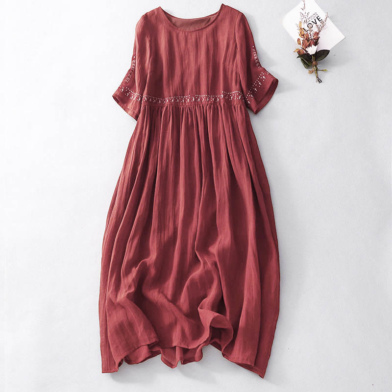 Buddha Stones, einfarbiges, besticktes, kurzärmeliges Midikleid mit Taschen - Feuerfestziegel - US12, UK/AU16, EU44 (2XL) - image 16