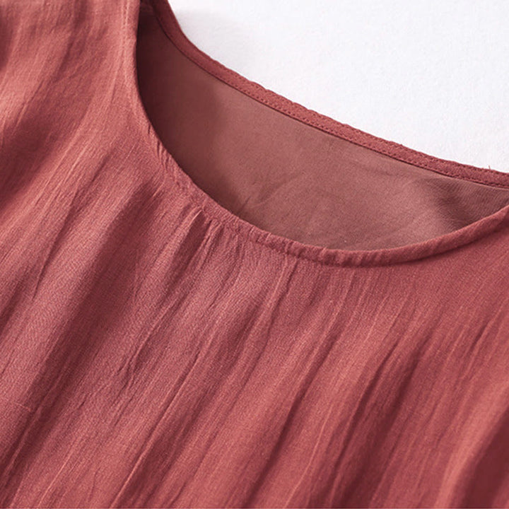 Buddha Stones, einfarbige Stickerei, kurzärmeliges Baumwoll-Midikleid mit Taschen - image 23