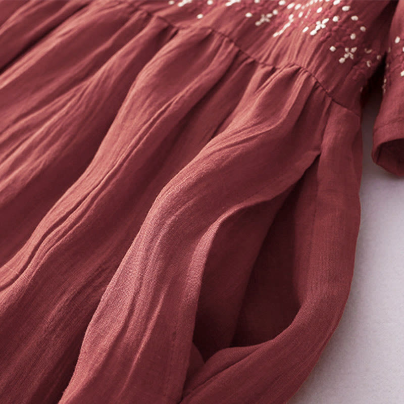 Buddha Stones, einfarbige Stickerei, kurzärmeliges Baumwoll-Midikleid mit Taschen - image 25