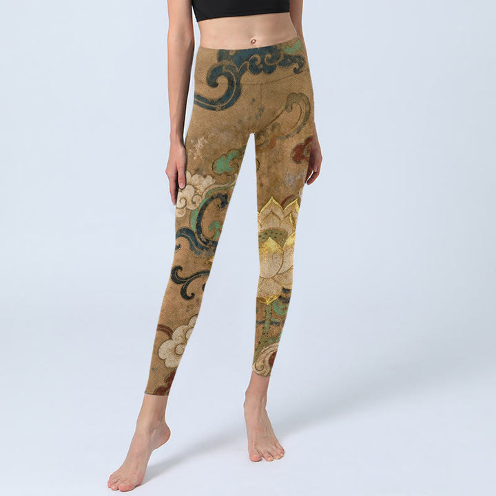 Buddha Stones Leggings mit traditionellem Lotusblumen-Wolkenmuster, Damen-Yogahosen - image 5