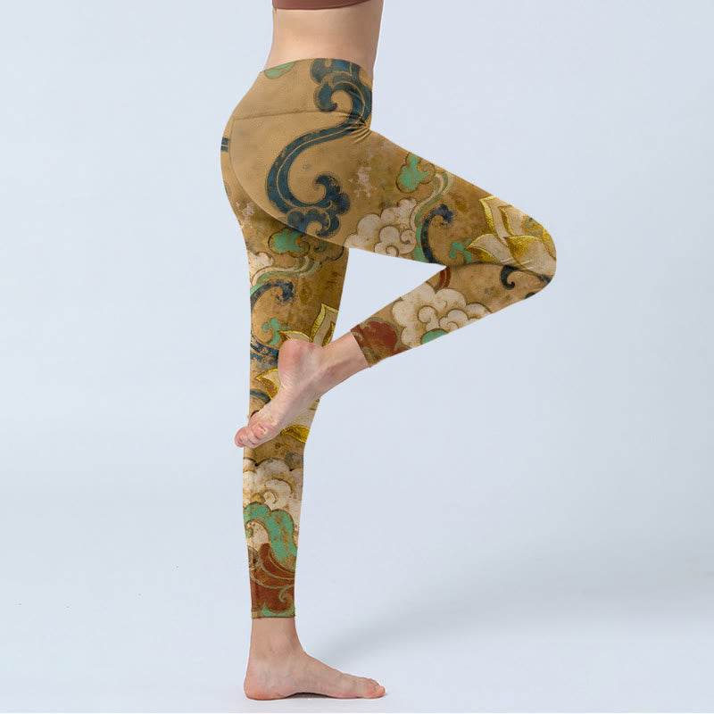 Buddha Stones Leggings mit traditionellem Lotusblumen-Wolkenmuster, Damen-Yogahosen - image 3
