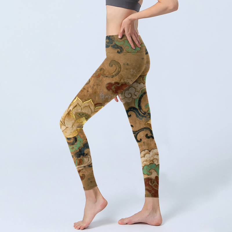 Buddha Stones Leggings mit traditionellem Lotusblumen-Wolkenmuster, Damen-Yogahosen - image 2