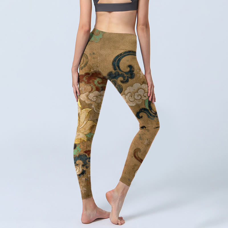 Buddha Stones Leggings mit traditionellem Lotusblumen-Wolkenmuster, Damen-Yogahosen - image 4