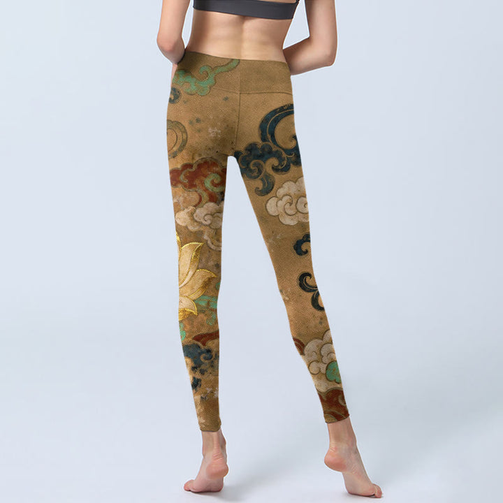 Buddha Stones Leggings mit traditionellem Lotusblumen-Wolkenmuster, Damen-Yogahosen - image 6