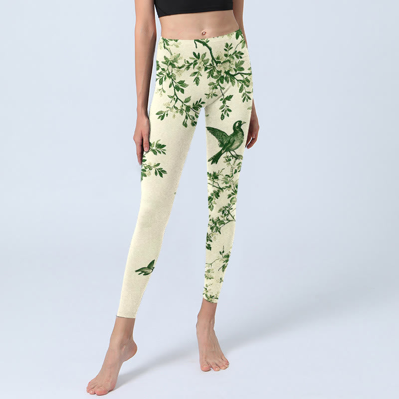 Buddha Stones Leggings mit frischem Baum-, Blumen-, Blatt- und Vogelmuster, Damen-Yogahose - image 5