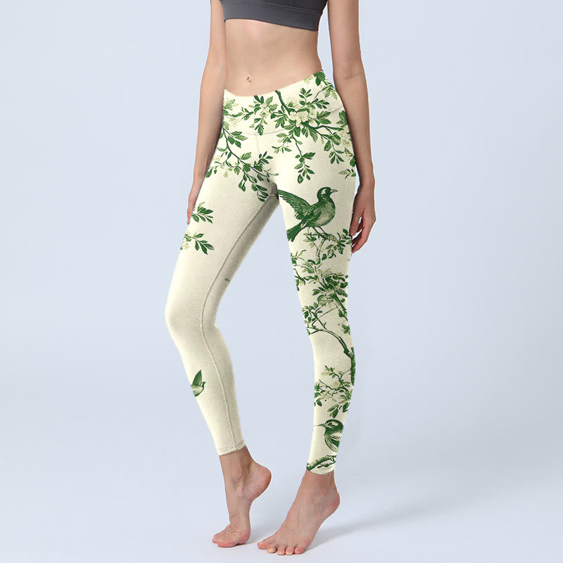 Buddha Stones Leggings mit frischem Baum-, Blumen-, Blatt- und Vogelmuster, Damen-Yogahose - Beige - US18, UK/AU22, EU50 (4XL) - image 0