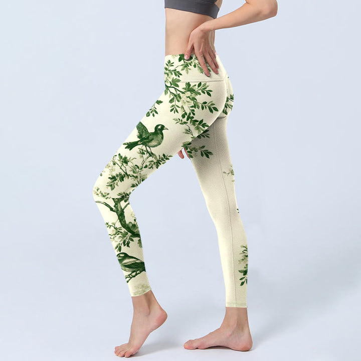 Buddha Stones Leggings mit frischem Baum-, Blumen-, Blatt- und Vogelmuster, Damen-Yogahose - image 2