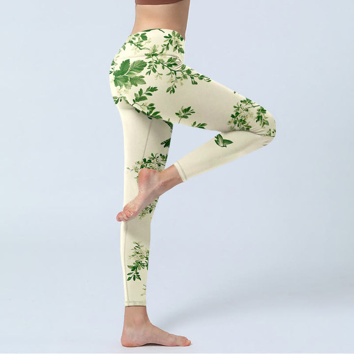 Buddha Stones Leggings mit frischem Baum-, Blumen-, Blatt- und Vogelmuster, Damen-Yogahose - image 3