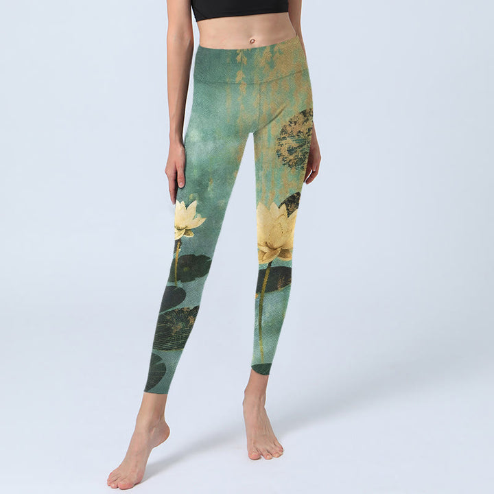 Buddha Stones Klassische Leggings mit Lotusblüten- und Blattmuster, Damen-Yogahose - image 5