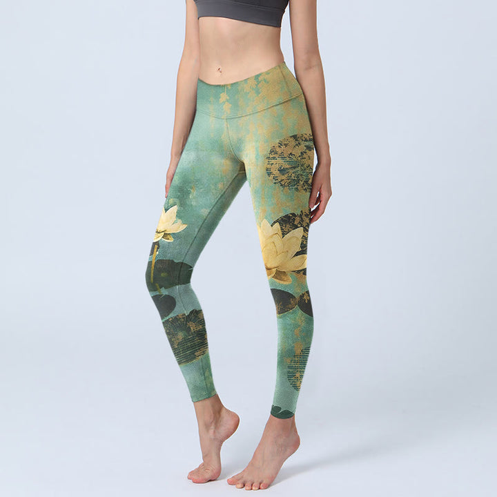 Buddha Stones Klassische Leggings mit Lotusblüten- und Blattmuster, Damen-Yogahose - Mittel-Aquamarin - US18, UK/AU22, EU50 (4XL) - image 0