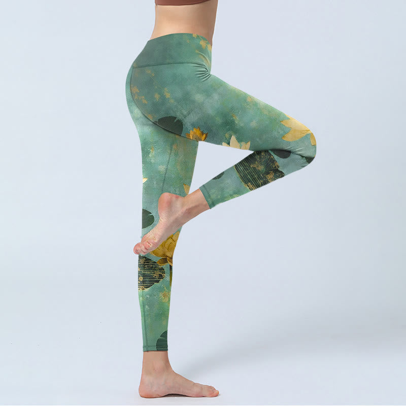 Buddha Stones Klassische Leggings mit Lotusblüten- und Blattmuster, Damen-Yogahose - image 3