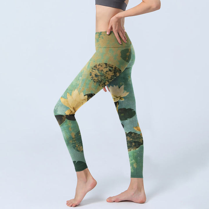 Buddha Stones Klassische Leggings mit Lotusblüten- und Blattmuster, Damen-Yogahose - image 2