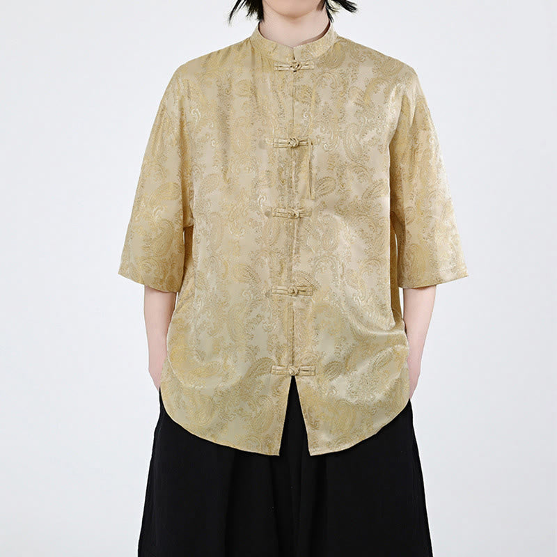Buddha Stones Sommerliches Herrenhemd mit Froschknopfleiste, halben Ärmeln und Weinblatt-/Blumenmuster - Gold - US/UK/AU46, EU56 (5XL) - image 8