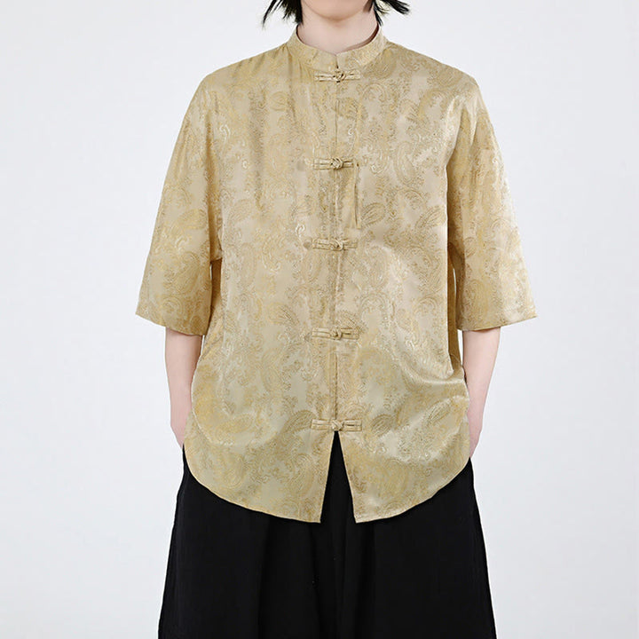 Buddha Stones Sommerliches Herrenhemd mit Froschknopfleiste, halben Ärmeln und Weinblatt-/Blumenmuster - Gold - US/UK/AU46, EU56 (5XL) - image 8