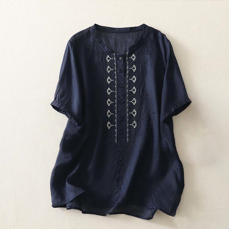 Buddha Stones Sommerliches Damen-Polyesterhemd mit Blumenmuster, Rundhalsausschnitt und kurzen Ärmeln, aus Polyester - Mitternachtsblau - US12, UK/AU16, EU44 (2XL) - image 0