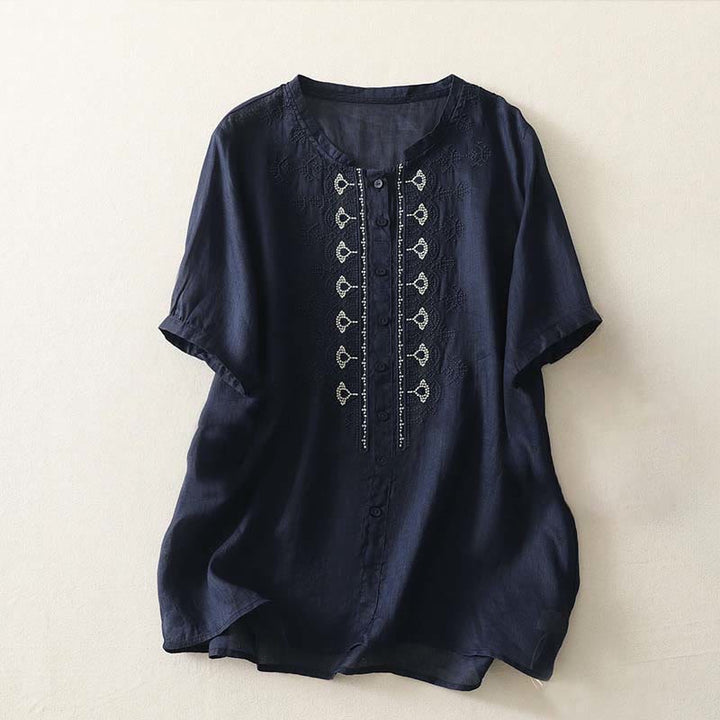 Buddha Stones Sommerliches Damen-Polyesterhemd mit Blumenmuster, Rundhalsausschnitt und kurzen Ärmeln, aus Polyester - Mitternachtsblau - US12, UK/AU16, EU44 (2XL) - image 0