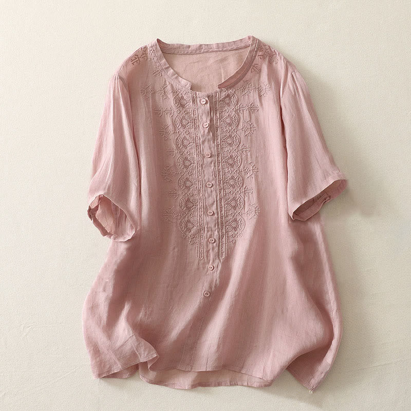 Buddha Stones Sommerliches Damen-Polyesterhemd mit Blumenmuster, Rundhalsausschnitt und kurzen Ärmeln, aus Polyester - Rosa - US12, UK/AU16, EU44 (2XL) - image 5