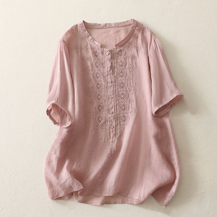 Buddha Stones Sommerliches Damen-Polyesterhemd mit Blumenmuster, Rundhalsausschnitt und kurzen Ärmeln, aus Polyester - Rosa - US12, UK/AU16, EU44 (2XL) - image 5