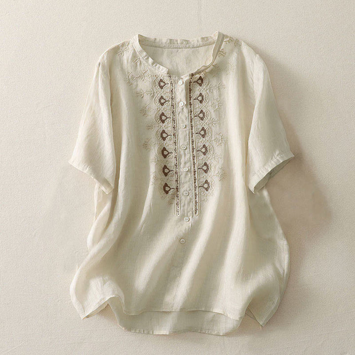 Buddha Stones Sommerliches Damen-Polyesterhemd mit Blumenmuster, Rundhalsausschnitt und kurzen Ärmeln, aus Polyester - Beige - US12, UK/AU16, EU44 (2XL) - image 14