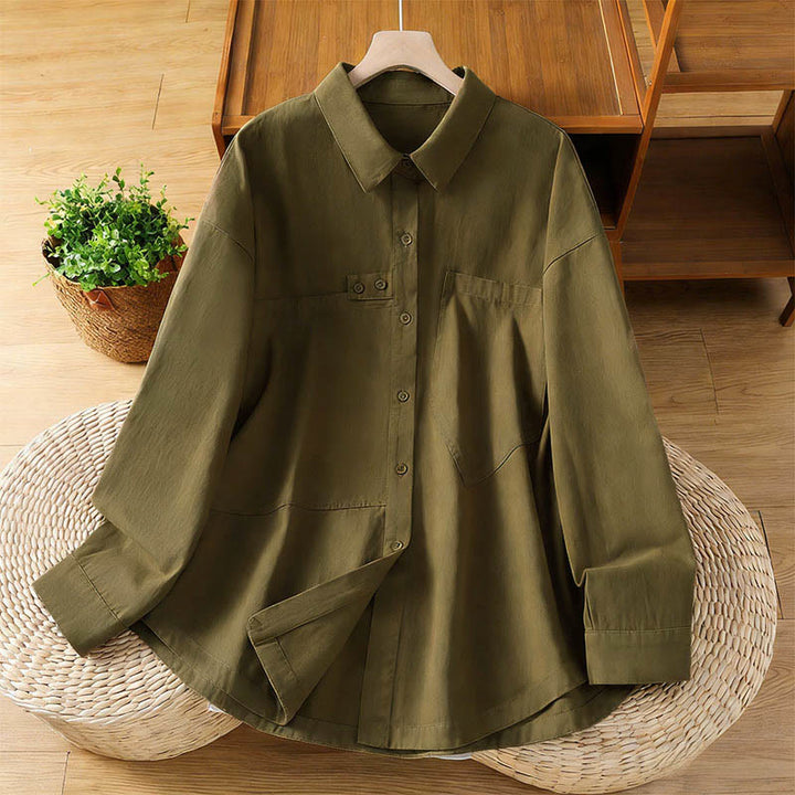 Buddha Stones Frühlingshaftes, schlichtes Damen-Baumwollhemd mit langen Ärmeln, Reverskragen und Taschen - Olive - US12, UK/AU16, EU44 (2XL) - image 19