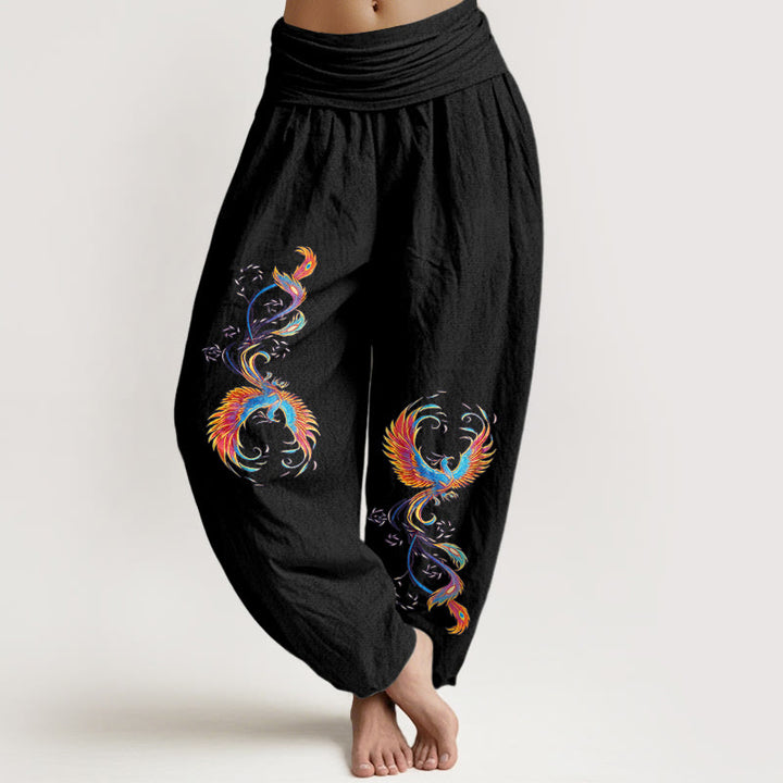 Buddha Stones Haremshose aus reiner Baumwolle mit wunderschönem Phönixmuster und elastischem Bund für Damen - Schwarz - US16, UK/AU20, EU48 (3XL) - image 0