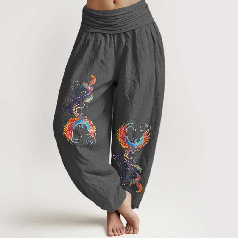 Buddha Stones Haremshose aus reiner Baumwolle mit wunderschönem Phönixmuster und elastischem Bund für Damen - DimGray - US16, UK/AU20, EU48 (3XL) - image 8