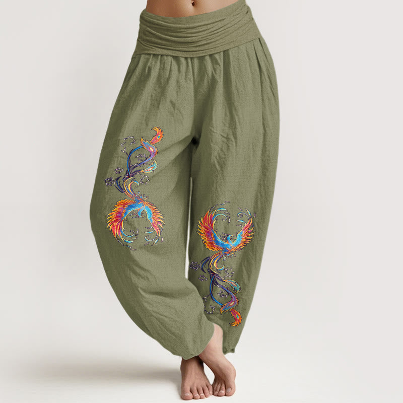 Buddha Stones Haremshose aus reiner Baumwolle mit wunderschönem Phönixmuster und elastischem Bund für Damen - Olivgrün - US16, UK/AU20, EU48 (3XL) - image 14