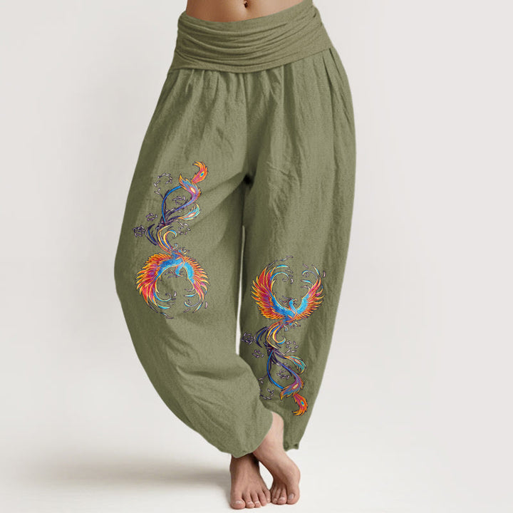 Buddha Stones Haremshose aus reiner Baumwolle mit wunderschönem Phönixmuster und elastischem Bund für Damen - Olivgrün - US16, UK/AU20, EU48 (3XL) - image 14