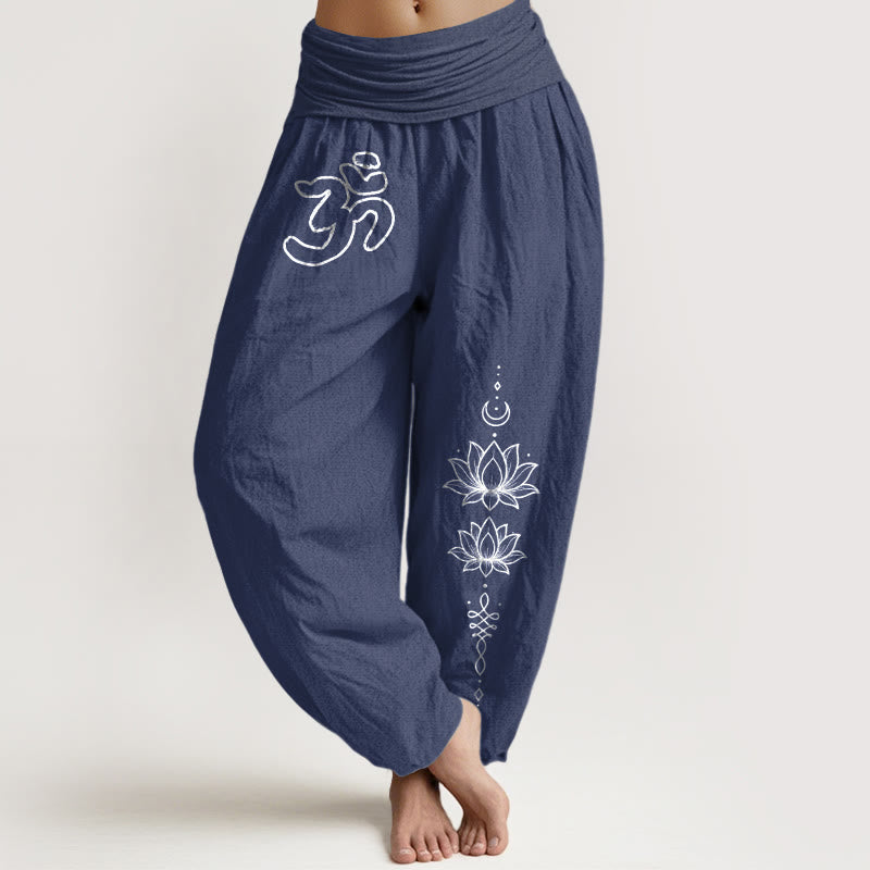 Buddha Stones Haremshose aus reiner Baumwolle mit minimalistischem Design, Om-Symbol, Lotus- und Mondmuster, elastischem Bund und Om-Symbol, Lotus- und Mondmuster - Dunkelschieferblau - US16, UK/AU20, EU48 (3XL) - image 5