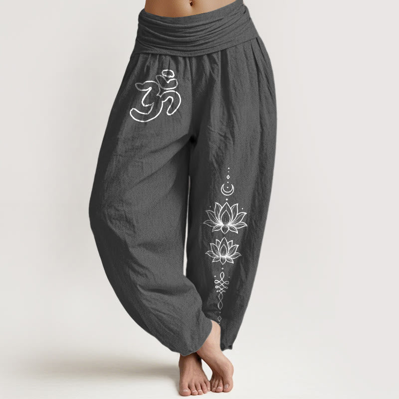 Buddha Stones Haremshose aus reiner Baumwolle mit minimalistischem Design, Om-Symbol, Lotus- und Mondmuster, elastischem Bund und Om-Symbol, Lotus- und Mondmuster - DimGray - US16, UK/AU20, EU48 (3XL) - image 8