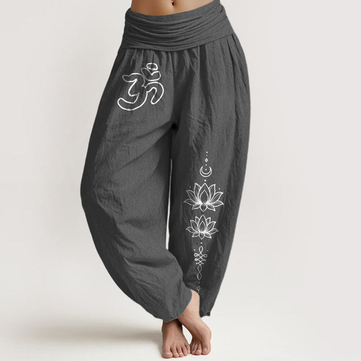 Buddha Stones Haremshose aus reiner Baumwolle mit minimalistischem Design, Om-Symbol, Lotus- und Mondmuster, elastischem Bund und Om-Symbol, Lotus- und Mondmuster - DimGray - US16, UK/AU20, EU48 (3XL) - image 8