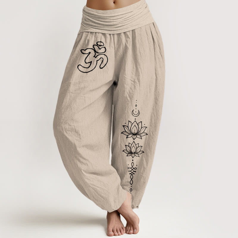 Buddha Stones Haremshose aus reiner Baumwolle mit minimalistischem Design, Om-Symbol, Lotus- und Mondmuster, elastischem Bund und Om-Symbol, Lotus- und Mondmuster - Bräunen - US16, UK/AU20, EU48 (3XL) - image 11