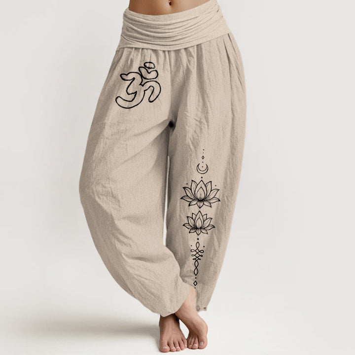Buddha Stones Haremshose aus reiner Baumwolle mit minimalistischem Design, Om-Symbol, Lotus- und Mondmuster, elastischem Bund und Om-Symbol, Lotus- und Mondmuster - Bräunen - US16, UK/AU20, EU48 (3XL) - image 11