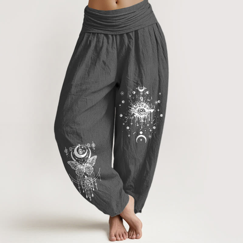 Buddha Stones Haremshose aus reiner Baumwolle mit minimalistischem Design, Augen-, Mond- und Schmetterlingsmuster, elastischem Bund. - DimGray - US16, UK/AU20, EU48 (3XL) - image 8
