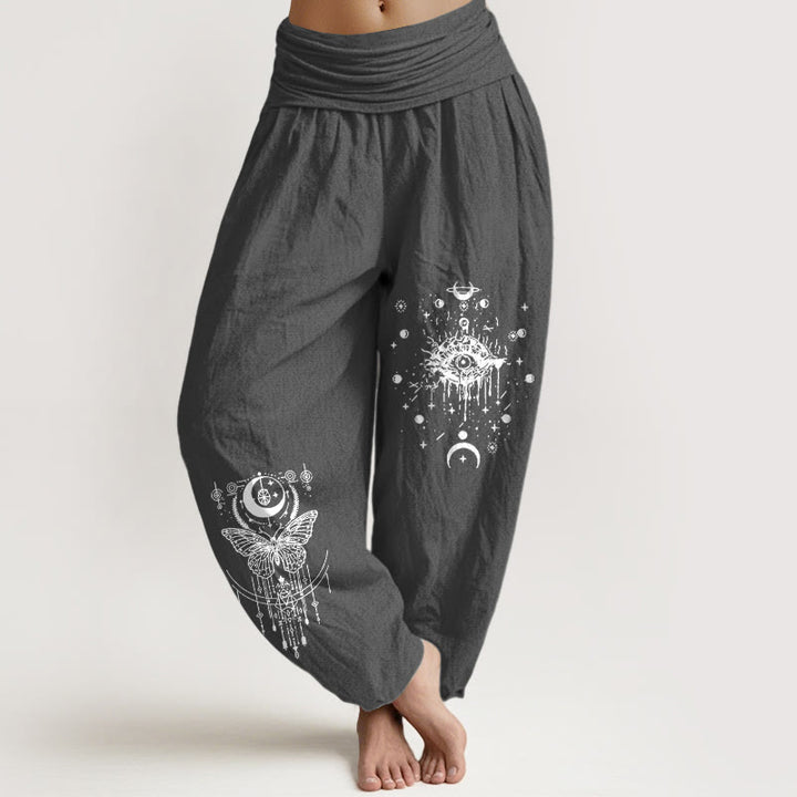 Buddha Stones Haremshose aus reiner Baumwolle mit minimalistischem Design, Augen-, Mond- und Schmetterlingsmuster, elastischem Bund. - DimGray - US16, UK/AU20, EU48 (3XL) - image 8