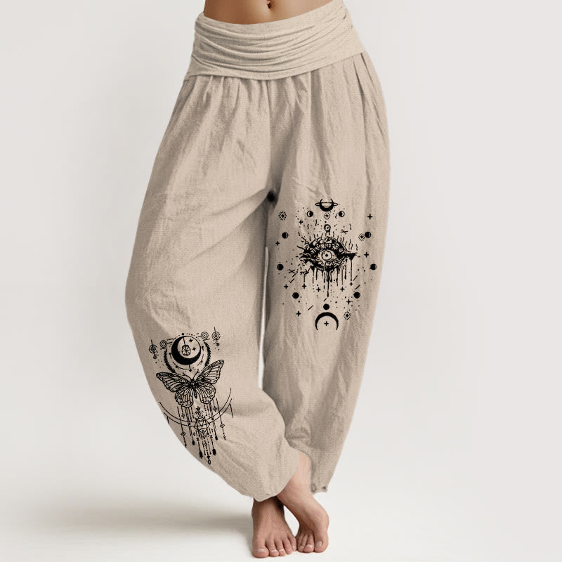 Buddha Stones Haremshose aus reiner Baumwolle mit minimalistischem Design, Augen-, Mond- und Schmetterlingsmuster, elastischem Bund. - Bräunen - US16, UK/AU20, EU48 (3XL) - image 11
