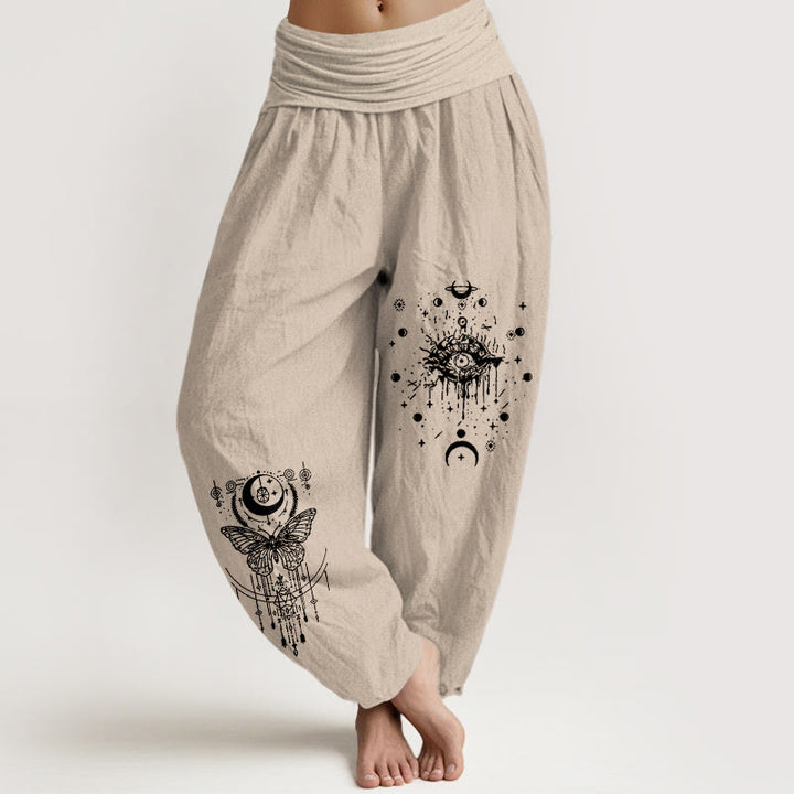 Buddha Stones Haremshose aus reiner Baumwolle mit minimalistischem Design, Augen-, Mond- und Schmetterlingsmuster, elastischem Bund. - Bräunen - US16, UK/AU20, EU48 (3XL) - image 11
