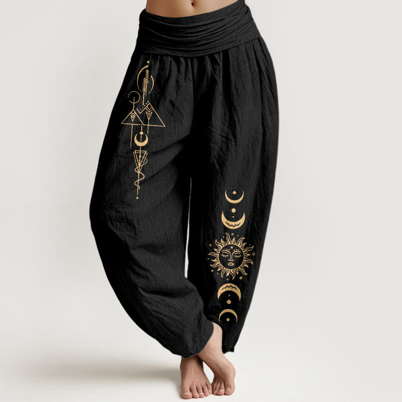 Buddha Stones Damen-Haremshose aus reiner Baumwolle mit schlichtem geometrischem Sonnen- und Mondmuster sowie elastischem Bund - Schwarz - US16, UK/AU20, EU48 (3XL) - image 0
