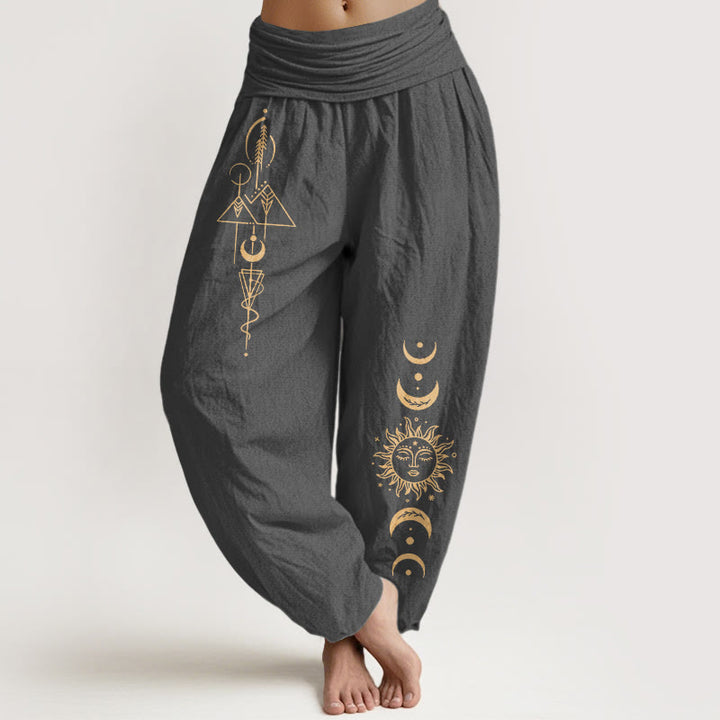 Buddha Stones Damen-Haremshose aus reiner Baumwolle mit schlichtem geometrischem Sonnen- und Mondmuster sowie elastischem Bund - DimGray - US16, UK/AU20, EU48 (3XL) - image 8
