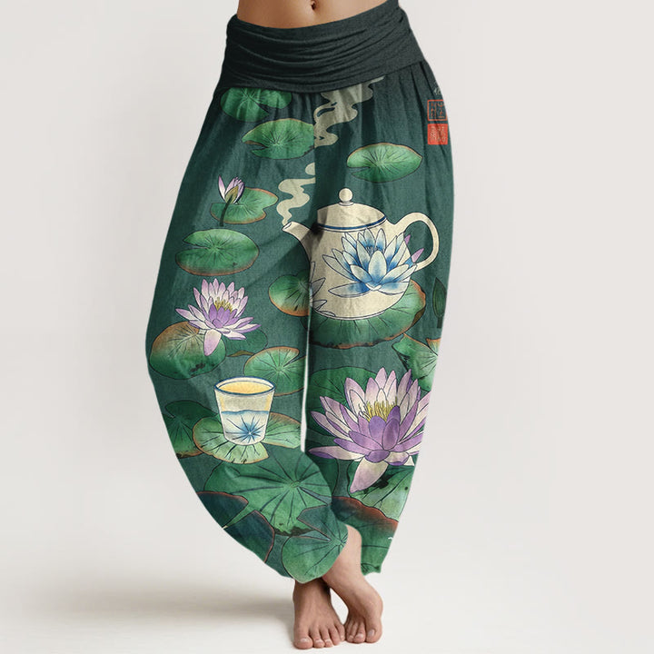 Buddha Stones Damen-Haremshose aus reiner Baumwolle mit frischem Teekannen- und Lotusblütenmuster sowie elastischem Bund. - SeaGreen - US16, UK/AU20, EU48 (3XL) - image 0