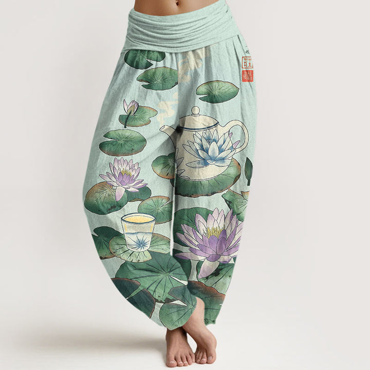 Buddha Stones Damen-Haremshose aus reiner Baumwolle mit frischem Teekannen- und Lotusblütenmuster sowie elastischem Bund. - Hellcyan - US16, UK/AU20, EU48 (3XL) - image 8