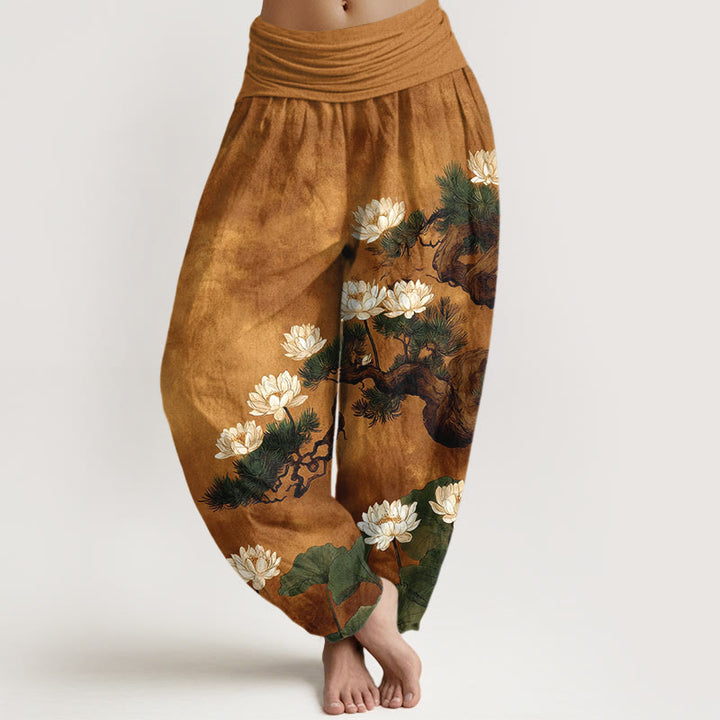 Buddha Stones Elegante Haremshose aus reiner Baumwolle mit Kiefern- und Lotusblütenmuster sowie elastischem Bund. - Goldrute - US16, UK/AU20, EU48 (3XL) - image 0