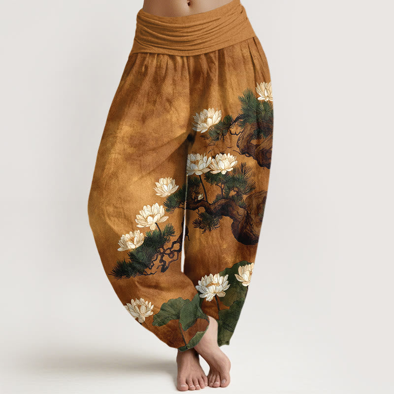 Buddha Stones Elegante Haremshose aus reiner Baumwolle mit Kiefern- und Lotusblütenmuster sowie elastischem Bund. - Goldrute - US16, UK/AU20, EU48 (3XL) - image 0